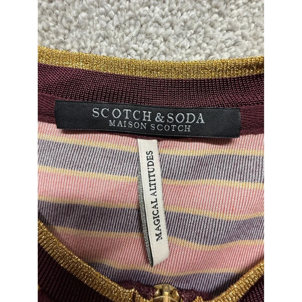 Scotch Soda Maison Striped Velvet‎ Zip Neck Dress Orange Burgundy M